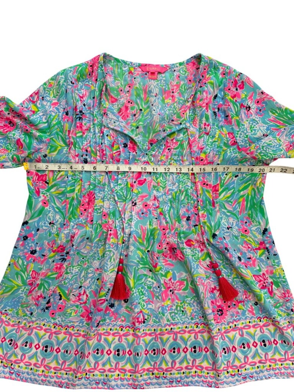 Lilly Pulitzer Womens Size M Marilina Tunic Top Floral Tassels Blue Green Pink - Picture 6 of 7